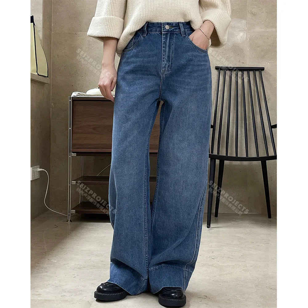 [LANMREM] Vintage Washed Jeans For Woemn High Waist Wide Leg Pants Fashion Streetwear Loose Female Trousers Spring New 26D4 Blue