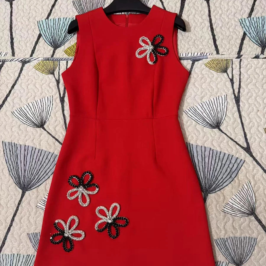 Solid Slimming Elegant Dresses for Women Round Neck Sleeveless Patchwork Bead Fashion Mini Dress Female Clothing RED
