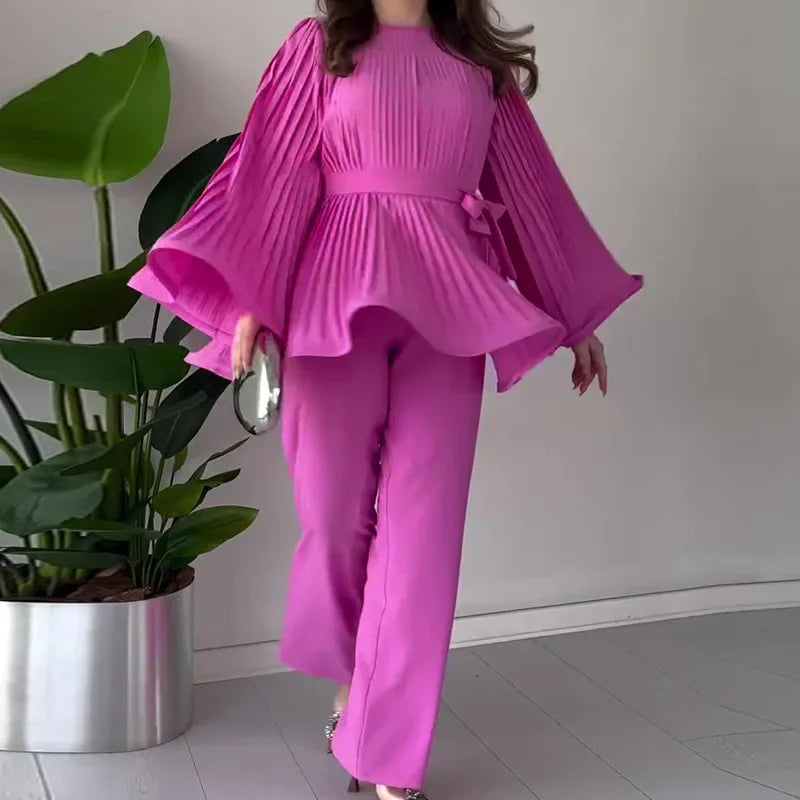 Loose Pleated Top Pants Women Belt Suit Elegant O-neck Long Batwing Sleeve Big Swing Top Wide Leg Pant 2 Piece Sets Outfit rose red