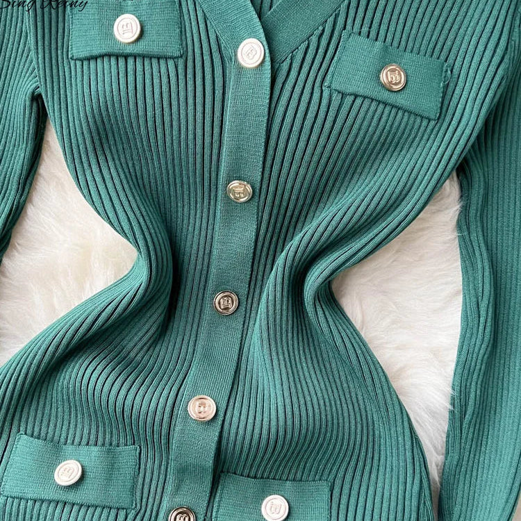 SINGREINY Winter Slim Design Knitted Dress V Neck Single Breasted A Line Split Midi Dress Long Sleeve Women Sweater Long Dress