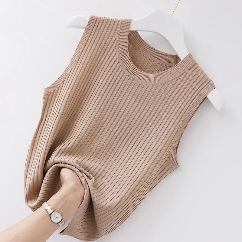 Summer Ice Silk Vest Women's Korean Version Solid Color Knitted Thin Loose Temperament Round Neck Sleeveless Top for Outer Wear Khaki