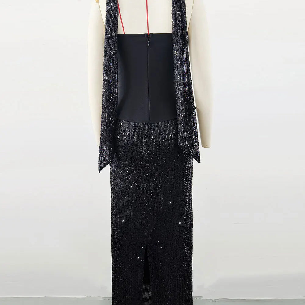 2025 Elegant Women's Light Luxury Dress+Strapless Sleeveless Bodycon Patchwork Long Dress Cocktail Evening Party Vestidos