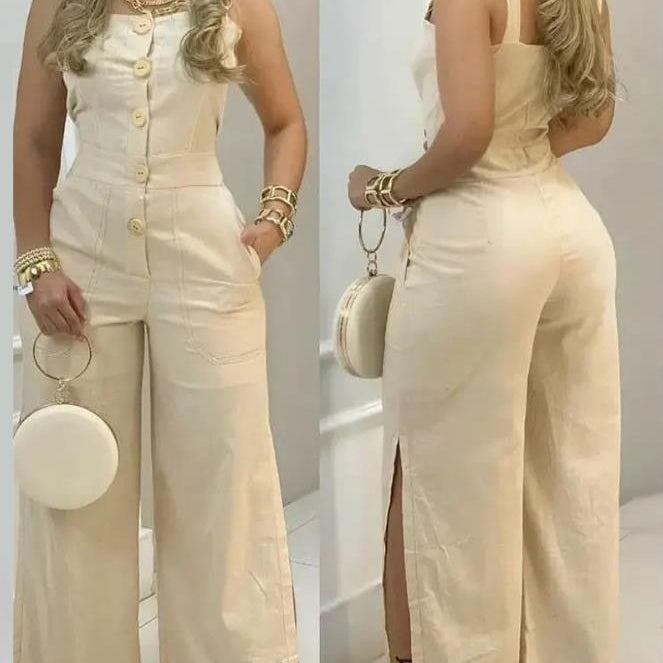 Women's Jumpsuit 2024 Spring Fashion Wide Leg Buttoned Casual Square Neck Plain Sleeveless Pocket Design Long Suspender Jumpsuit A