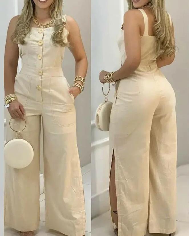 Women's Jumpsuit 2024 Spring Fashion Wide Leg Buttoned Casual Square Neck Plain Sleeveless Pocket Design Long Suspender Jumpsuit A