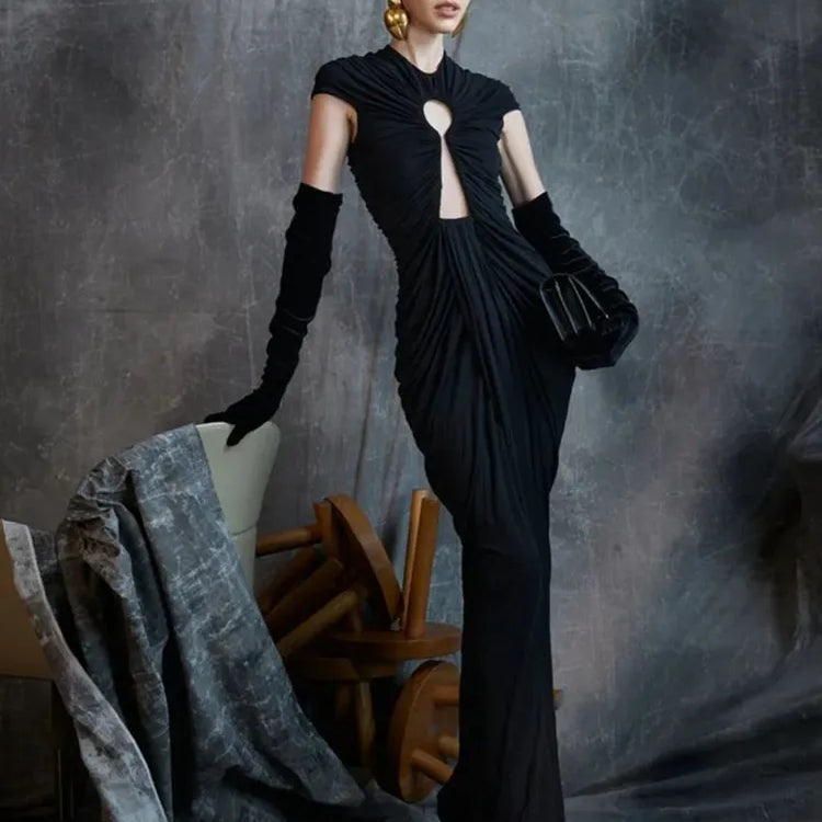 Fashion Women Sexy Short Sleeve Black Mesh Ruched Maxi Long Bodycon Dress 2025 Elegant Evening Club Party Dress