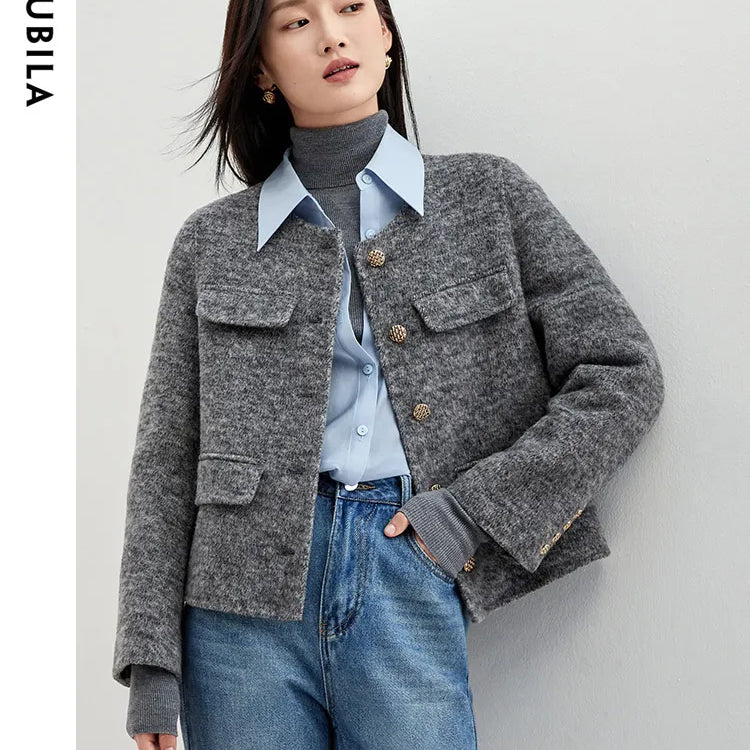 Winter Wool Blend Coats for Women Round Neck Long Sleeve Double-faced Woolen Cropped Jacket Elegant Outerwear