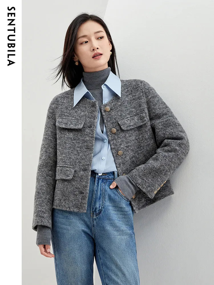 Winter Wool Blend Coats for Women Round Neck Long Sleeve Double-faced Woolen Cropped Jacket Elegant Outerwear