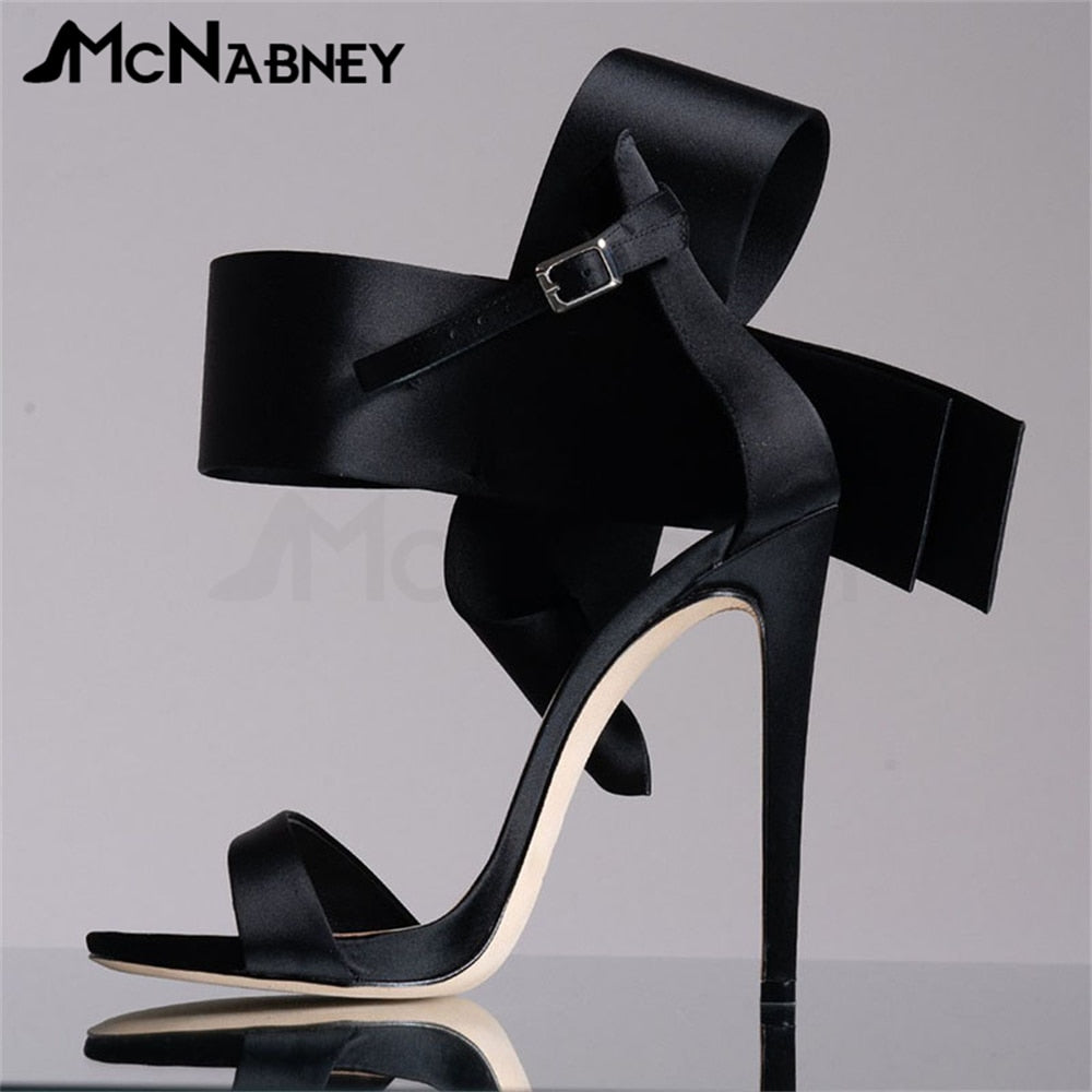 Satin Butterfly Knot High Heels Stiletto Pointed Toe Sandals Luxury Style Shoes Fashion High Heels Shiny Rhinestone Sandals Satin-Black