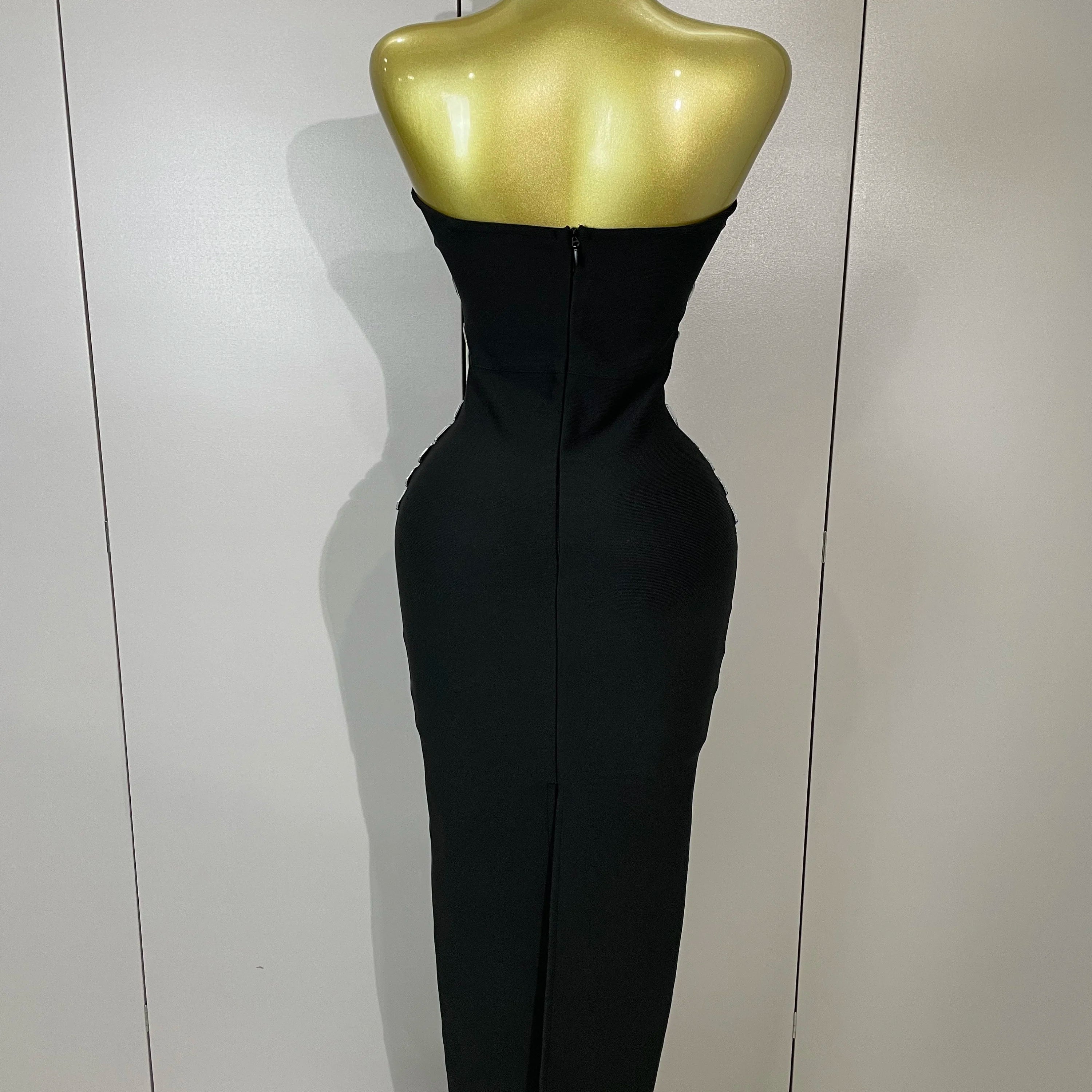 2025 Women Sexy Backless Strapless Black Beading Long Bandage Bodycon Dress Celebrity Elegant Evening Luxury Birthday Dresses