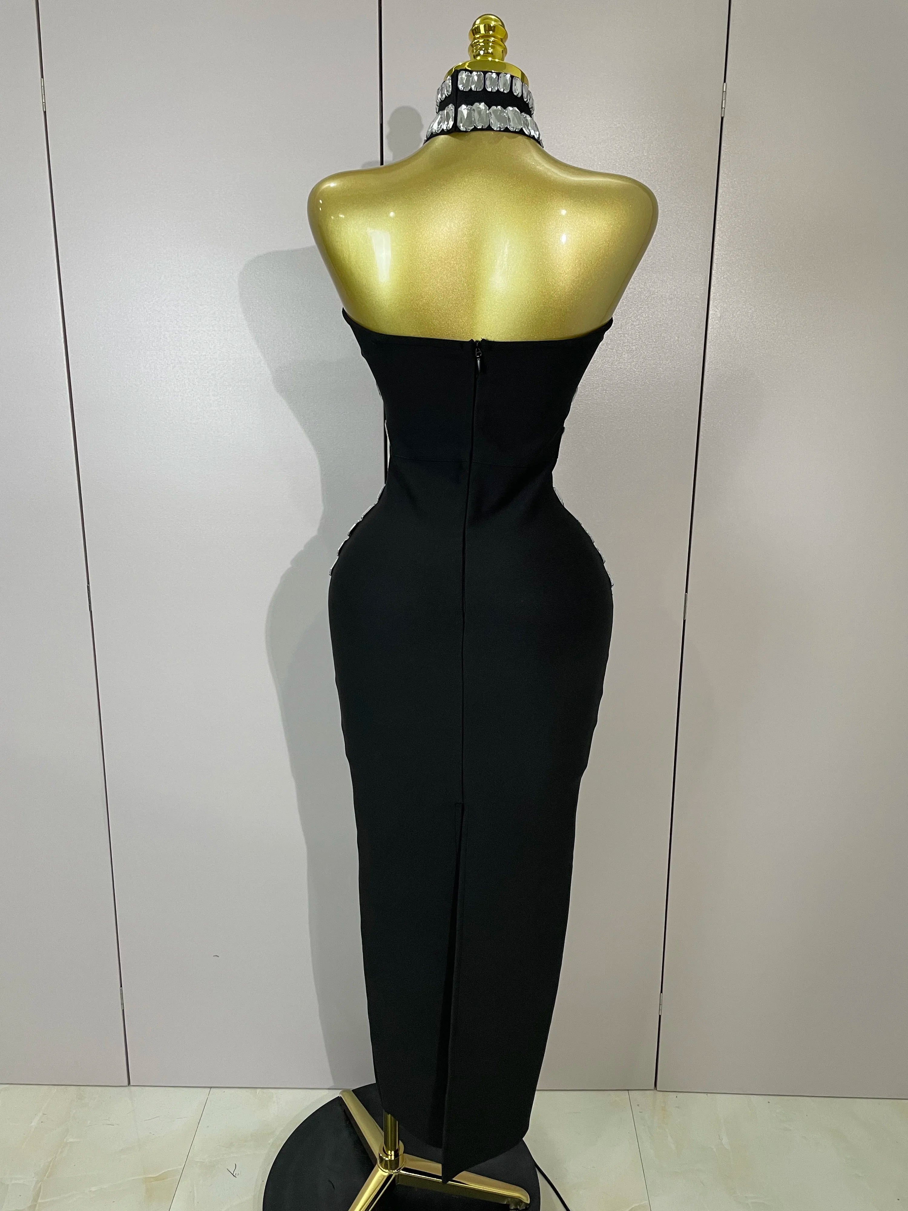 2025 Women Sexy Backless Strapless Black Beading Long Bandage Bodycon Dress Celebrity Elegant Evening Luxury Birthday Dresses