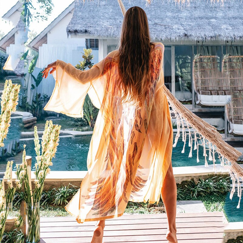 Wings Cover-ups Beach Long Boho Kaftan Dress Kimono Mujer Pareos De Playa 1773 7 One Size