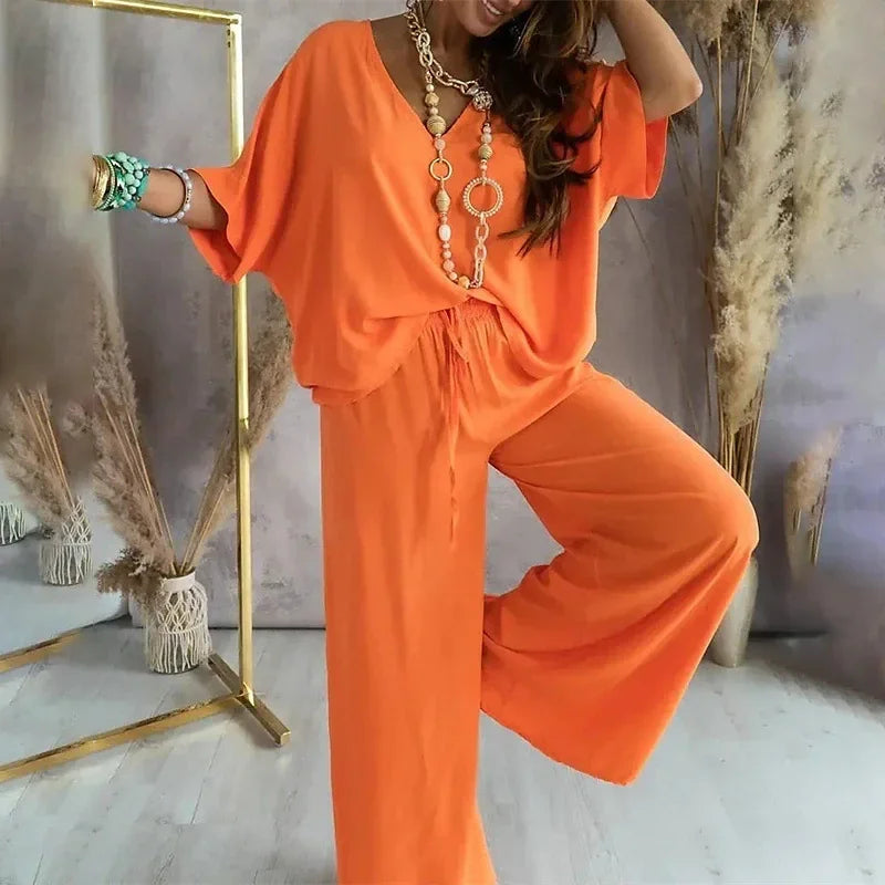 2024 Summer Fashion New Women's Elegant Loose High Waist Plus Size Set Off Back Elastic Waist Retro Women's Two Piece Set Orange