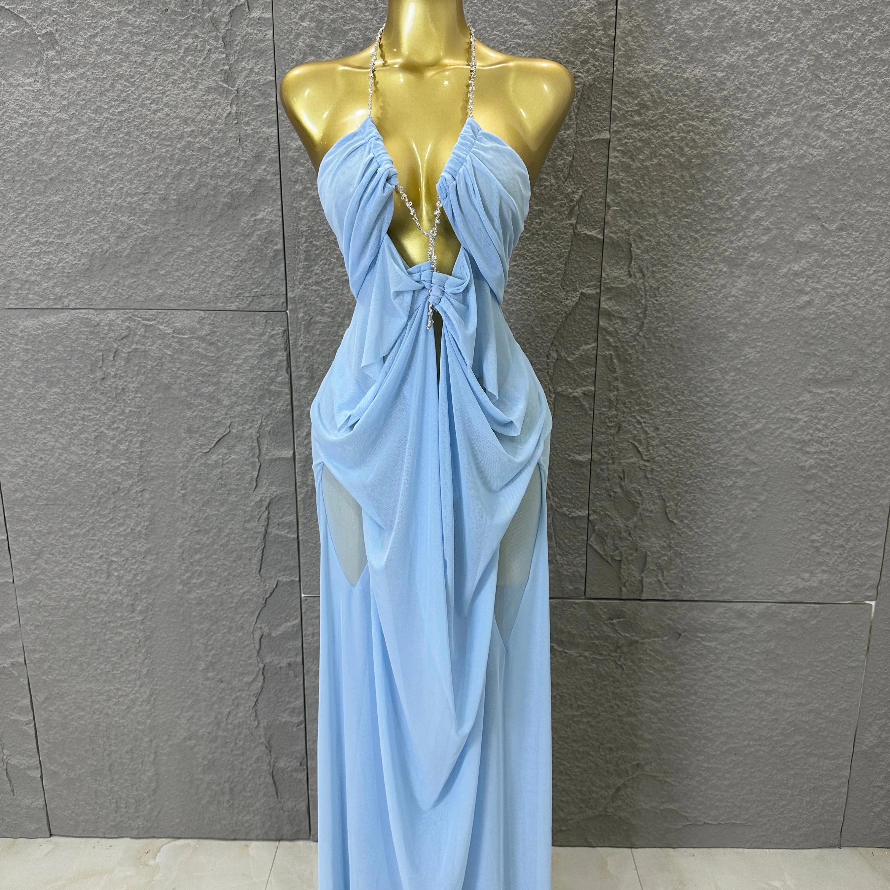 Sexy Halter Neck Maxi Dress Crystal Chain Cutout Ruched Women Sheer Mesh Form Outfit Glamorous Evening Gala Party Costume SKY BLUE