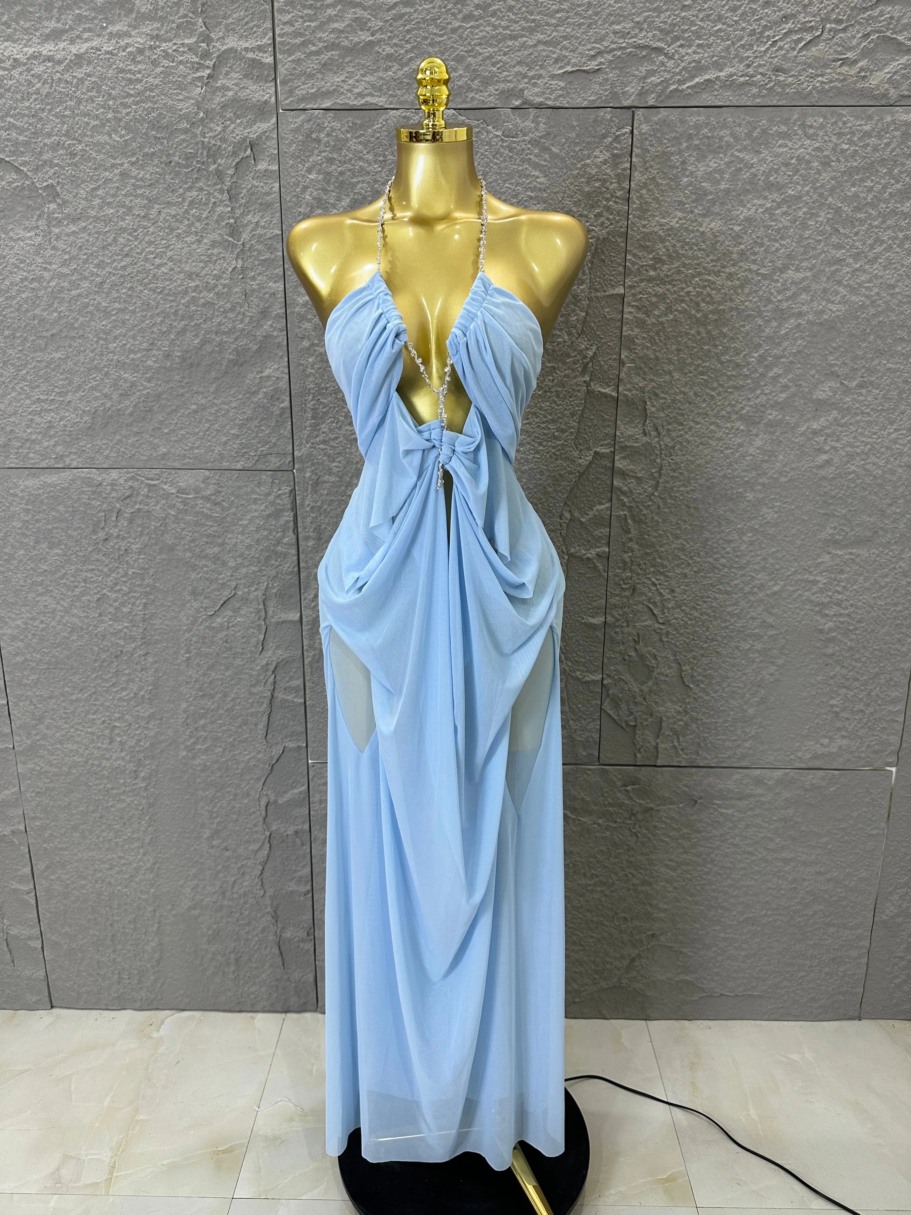 Sexy Halter Neck Maxi Dress Crystal Chain Cutout Ruched Women Sheer Mesh Form Outfit Glamorous Evening Gala Party Costume SKY BLUE