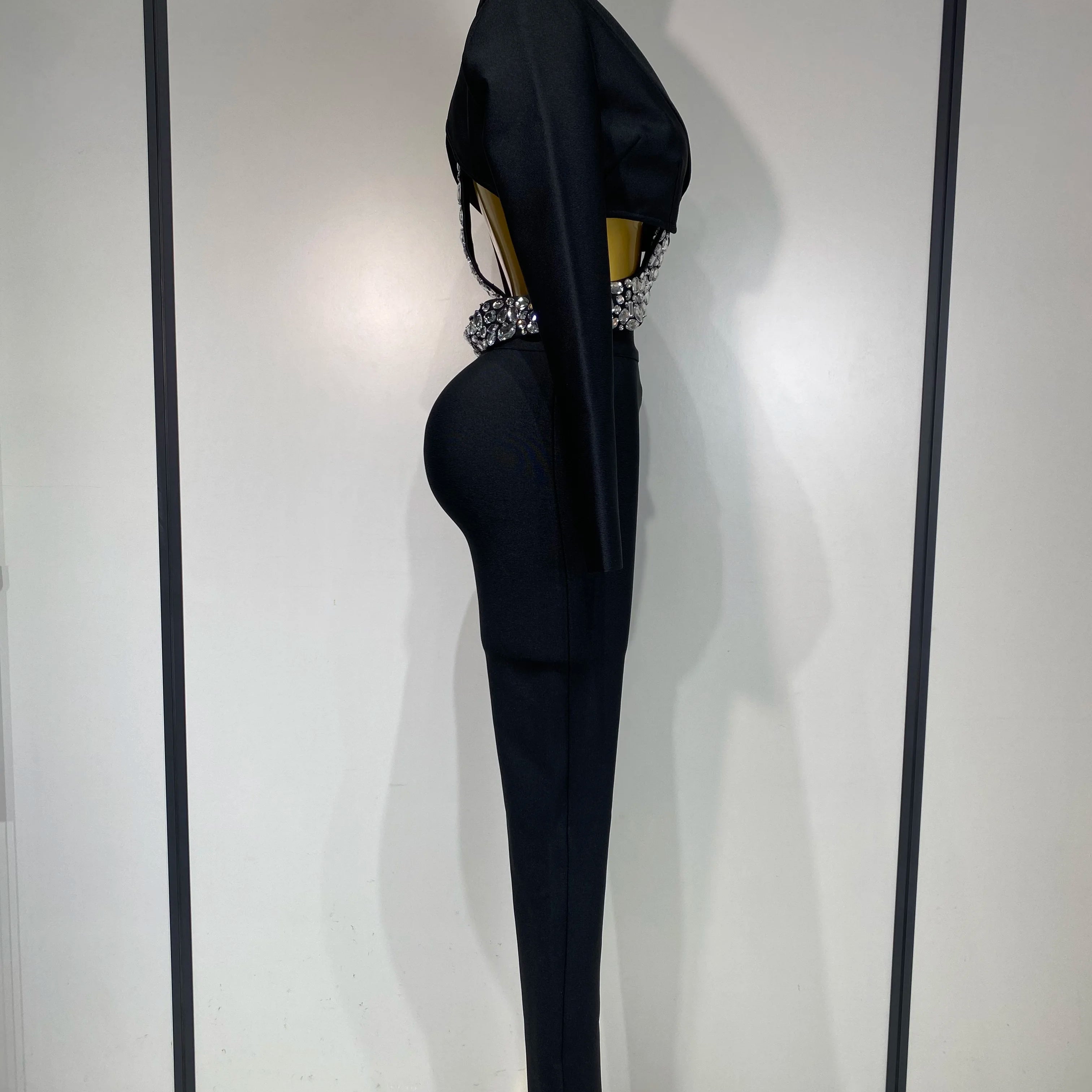 Women Sexy Cut Out Long Sleeve Beading Bodycon Two Pieces Pants Bandage Set Celebrity Designer Fashion Women Luxury Birthday Set