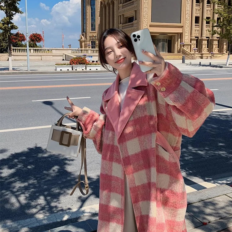 Lautaro Autumn Winter Long Oversized Warm Soft Thick Colorful Woolen Coat Women Sashes Loose Casual Korean Fashion Overcoat 2025