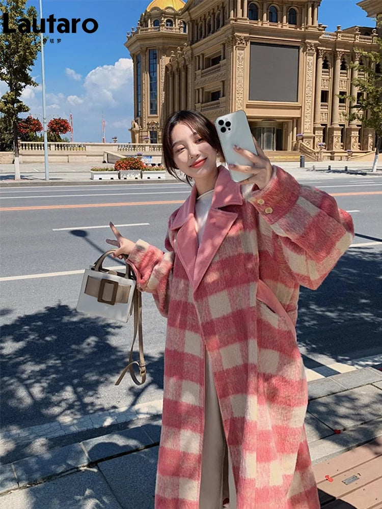 Lautaro Autumn Winter Long Oversized Warm Soft Thick Colorful Woolen Coat Women Sashes Loose Casual Korean Fashion Overcoat 2025