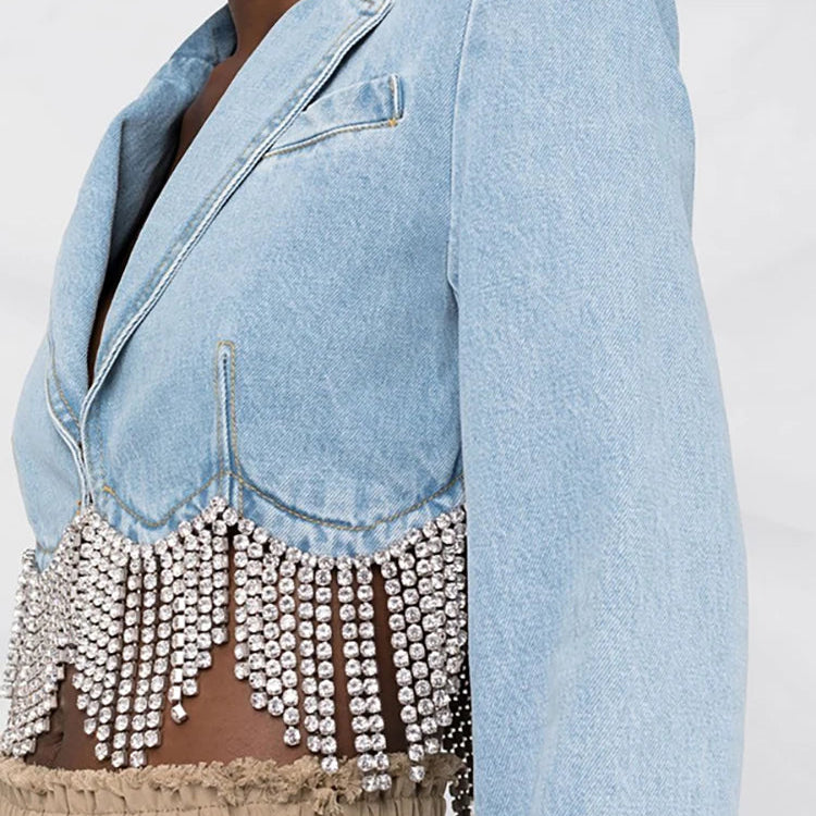 DEAT Women Notched Collar Diamond Tassel Short Denim Coat High Waist Butterfly Hollow Out Jeans Summer New Fashion 29L2717