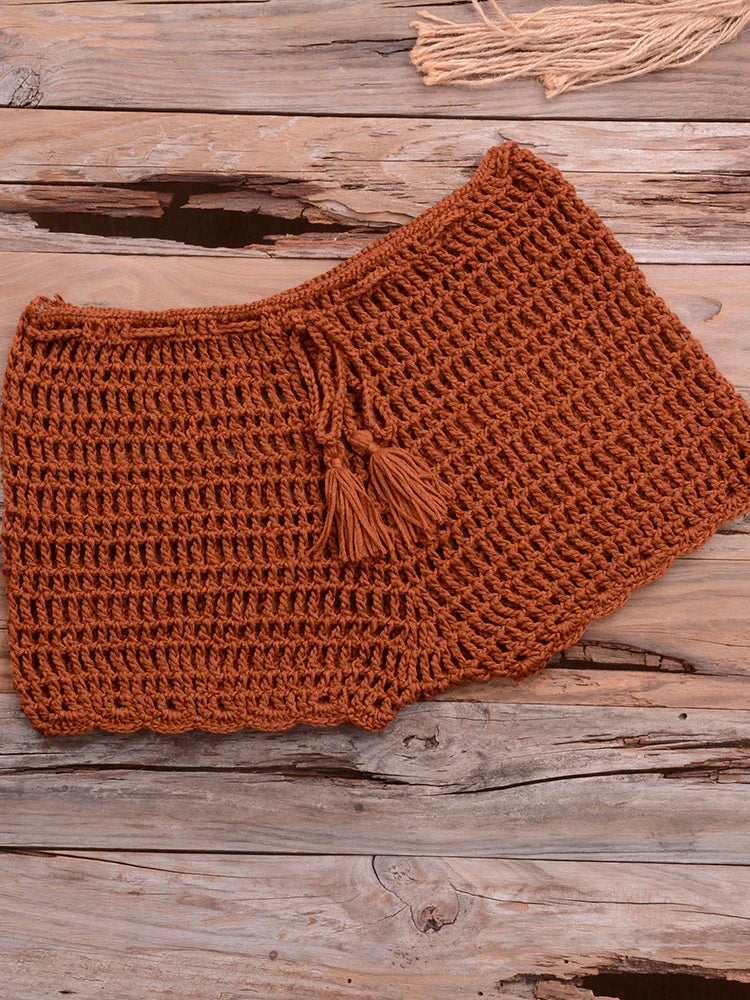 Crochet Hollow Out Tassel Beach Cover Up Sexy Women Mini Tops Beachwear Bikini Swimwear Bathing Suit Cover Up Brown Bottom One Size