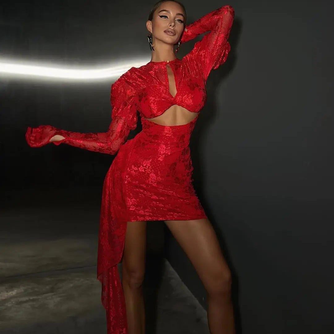 2024 New Sexy Hollow Out Long Hemline Lace Evening Dress Celebrity Evening Party Dress Red