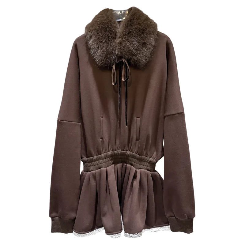 Winter New Fashion Furry Collar Loose Fleece Sweatshirt Dresses For Women Causal Loose Dress Female Trendy 11A07764