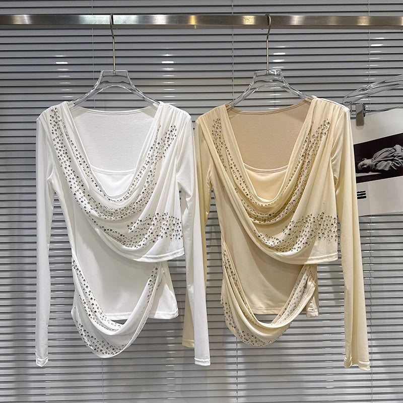 Winter New Light Luxury Style U-Neck Shiny Rhinestone Solid Color Ruched T-Shirt For Women Slim Fit Tops 11A07550