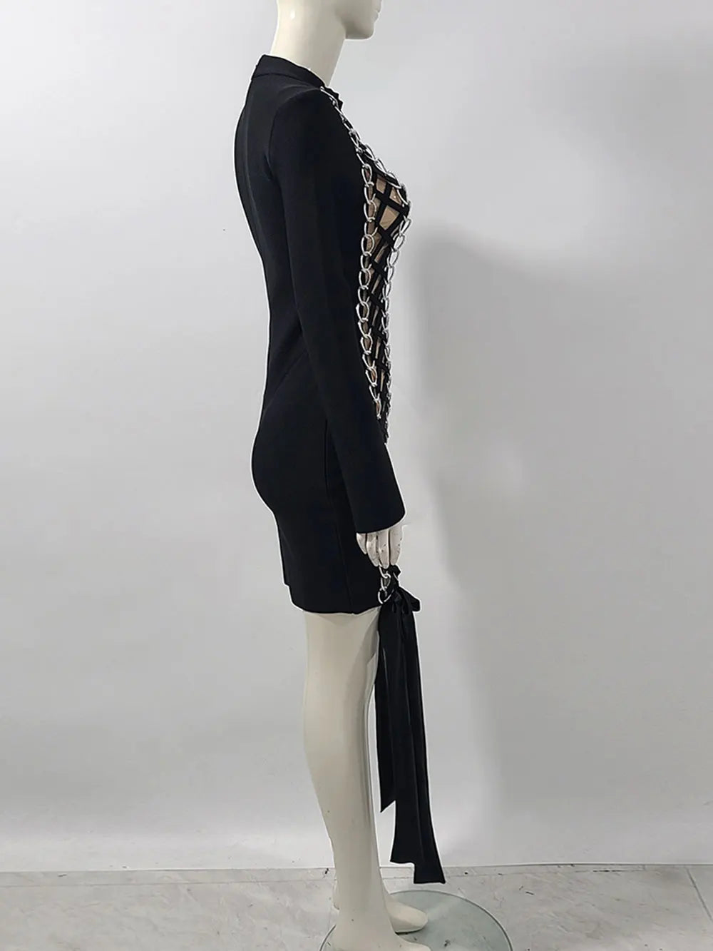 2024 New Women's Sexy Drawstring Strap Bandage Dress O-neck Long Sleeve Bodycon Mini Dress Cocktail Evening Party Vestidos