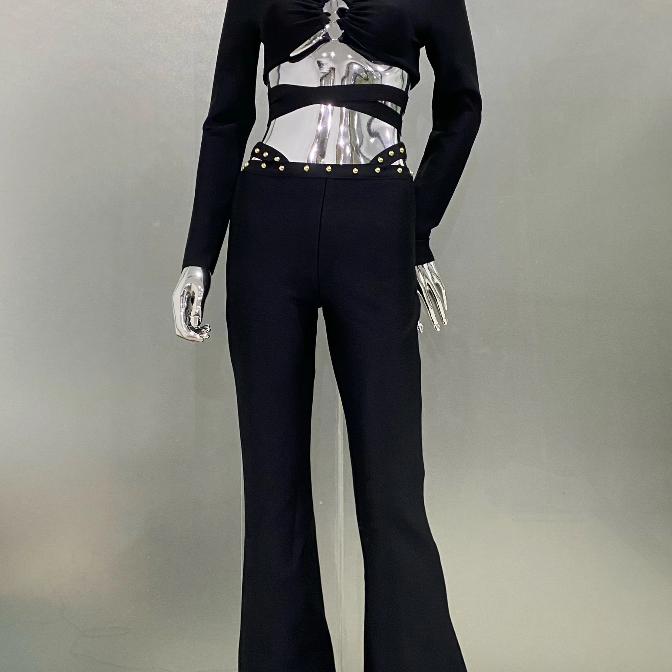 Stylish Res Bandage Woman Set Diamond Chains Backless Halter Cropped top And Waist Chain Flare Pants 2 Pieces Club Party Outfit black