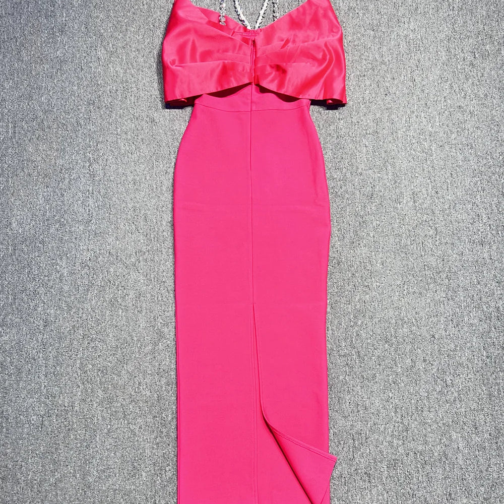 2025 New Fashion Rosered Color Women Sexy Off the Shoulder Bodycon Long Bandage Dress Nightclub Party Celebrate Dress