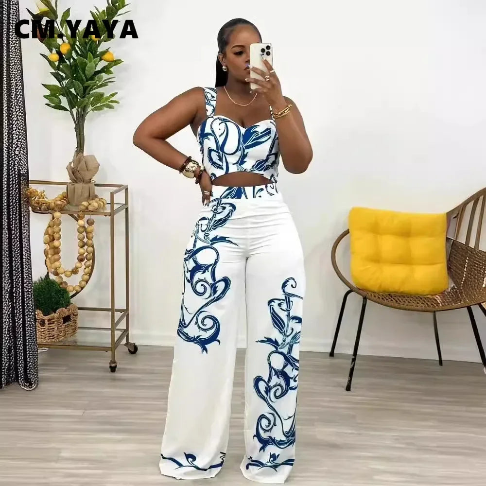 2024 Summer Women's Set Sleeveless Strapless Tops +Wide Leg Pants Print Party Street Two 2 Piece Sets Outfits Tracksuit