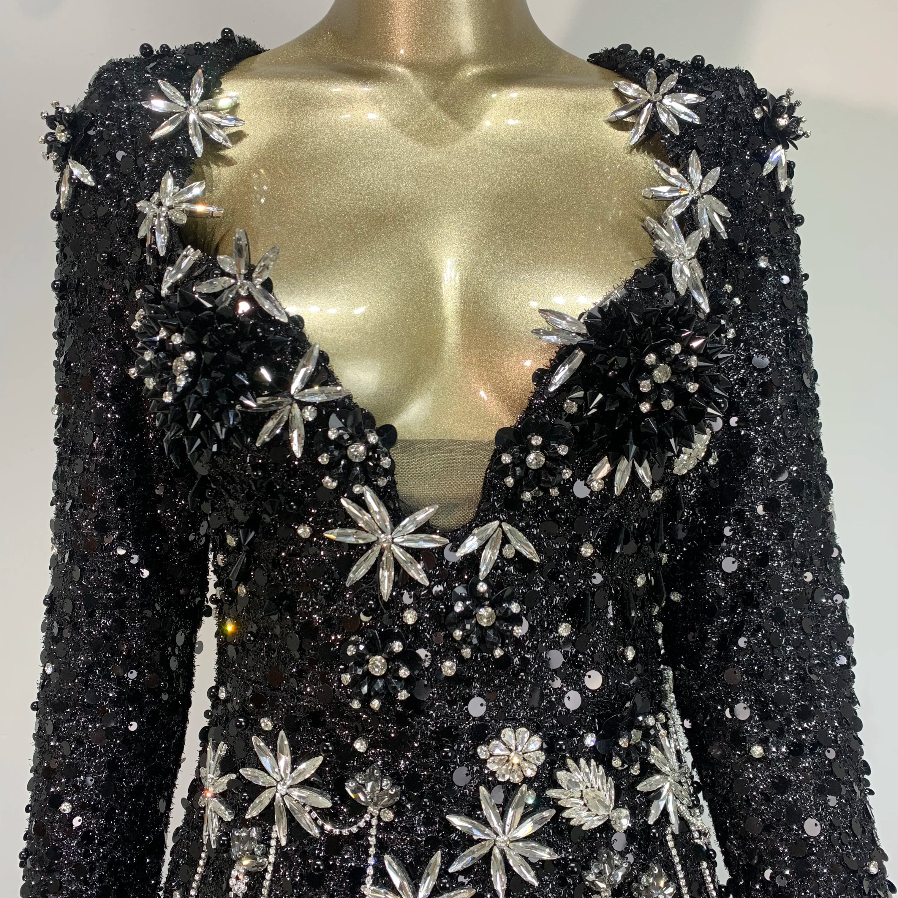 Women Celebrity Sexy Long Sleeve Sequins Diamonds Crystal Sparkly Maxi Long Gowns Dress 2024 Elegant Evening Party Club Vestido