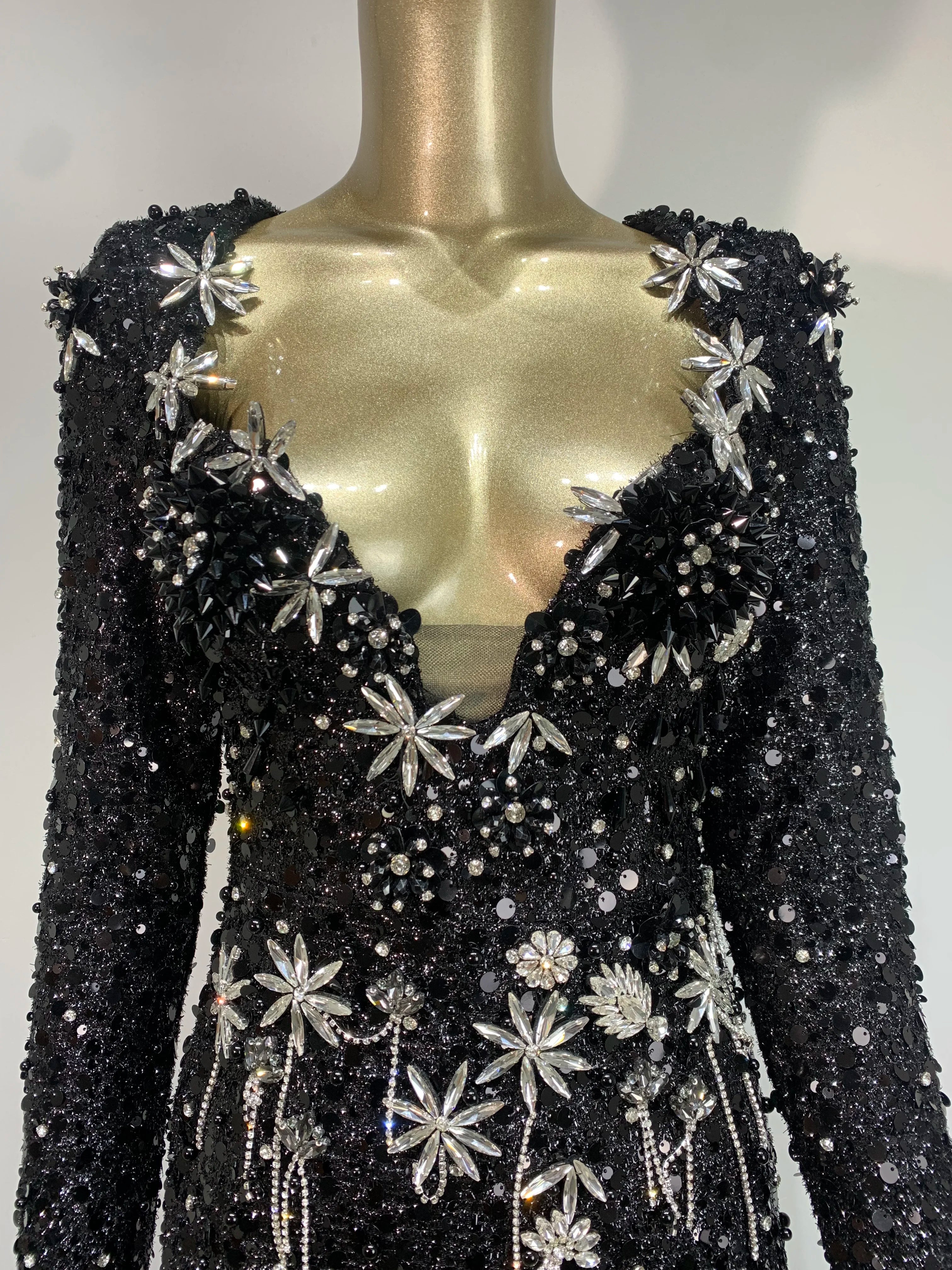 Women Celebrity Sexy Long Sleeve Sequins Diamonds Crystal Sparkly Maxi Long Gowns Dress 2024 Elegant Evening Party Club Vestido