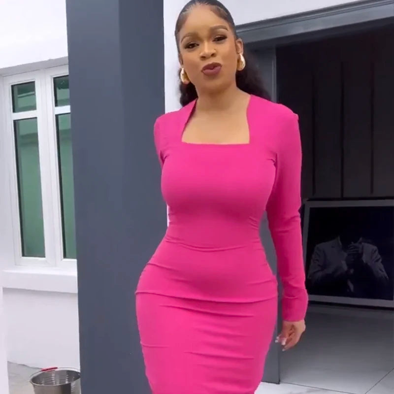 Black Rosered Pink Women Long Sleeve Sexy Square Collar Tassels Bodycon Bandage Long Dress Nightclub Party Celebrate Dress