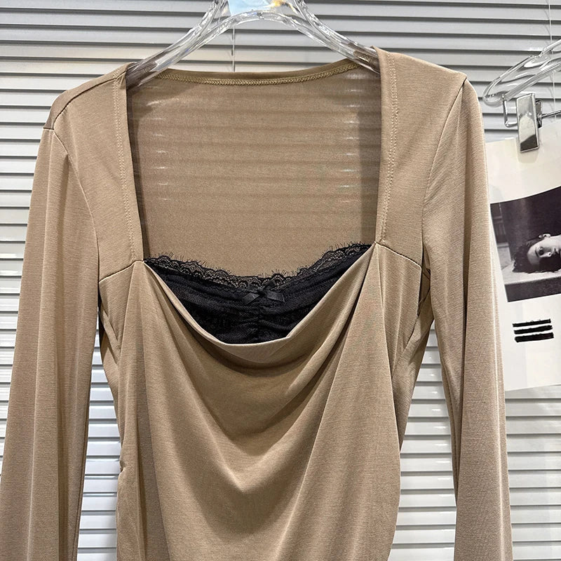 Winter New Niche Design Square Neck Lace Edge Design Long Sleeve Base T-Shirt For Women Slim Fit Top Female 11A07699