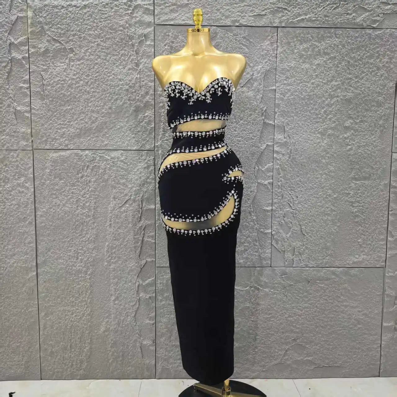 Black Color Women Sexy Strapless Shinning Crystal Mesh Holes Bodycon Bandage Long Dress Celebrate Evening Party Outfit