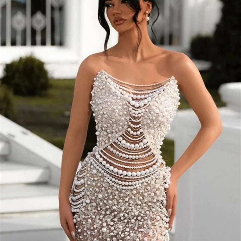 Luxury Pearl String Sexy See Through White Sequins Long Dress Elegant Woman Wedding Party Dress Red Carpet Goddess Vestido