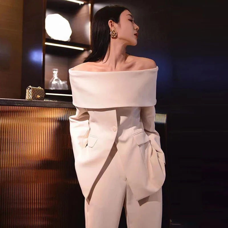 Slash Neck Chic Blazers For Women Off Shoulder Long Sleeve Patchwork Single Button Solid Coat Female Clothes 2022 Apricot