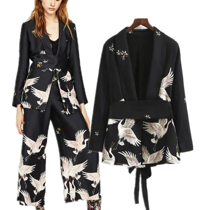 Spring/Autumn Women Vintage Clothing Set Printed Blazer Wide Leg Retro Pant Female Bird Outfit Suits Women's Office Lady set