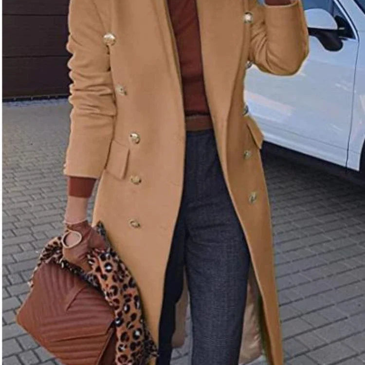 Women Jacket Lapel Medium Length Woolen Overcoat Autumn Winter Solid Double Breasted Topcoat Office Lady Tops Autumn Winter