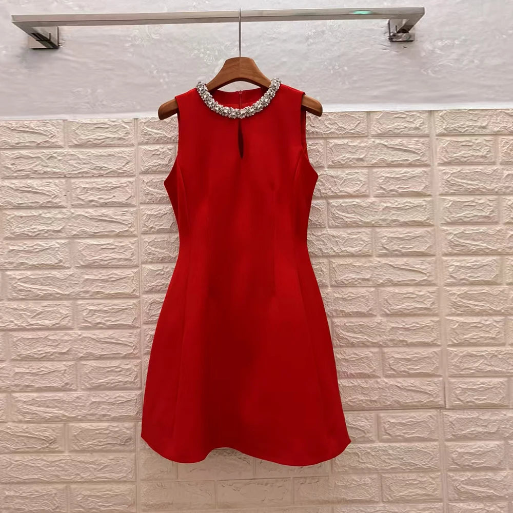 Solid Slimming Spliced Bead Elegant Dresses for Women Round Neck Sleeveless Hollow Out Patchwork Folds Dress Female RED