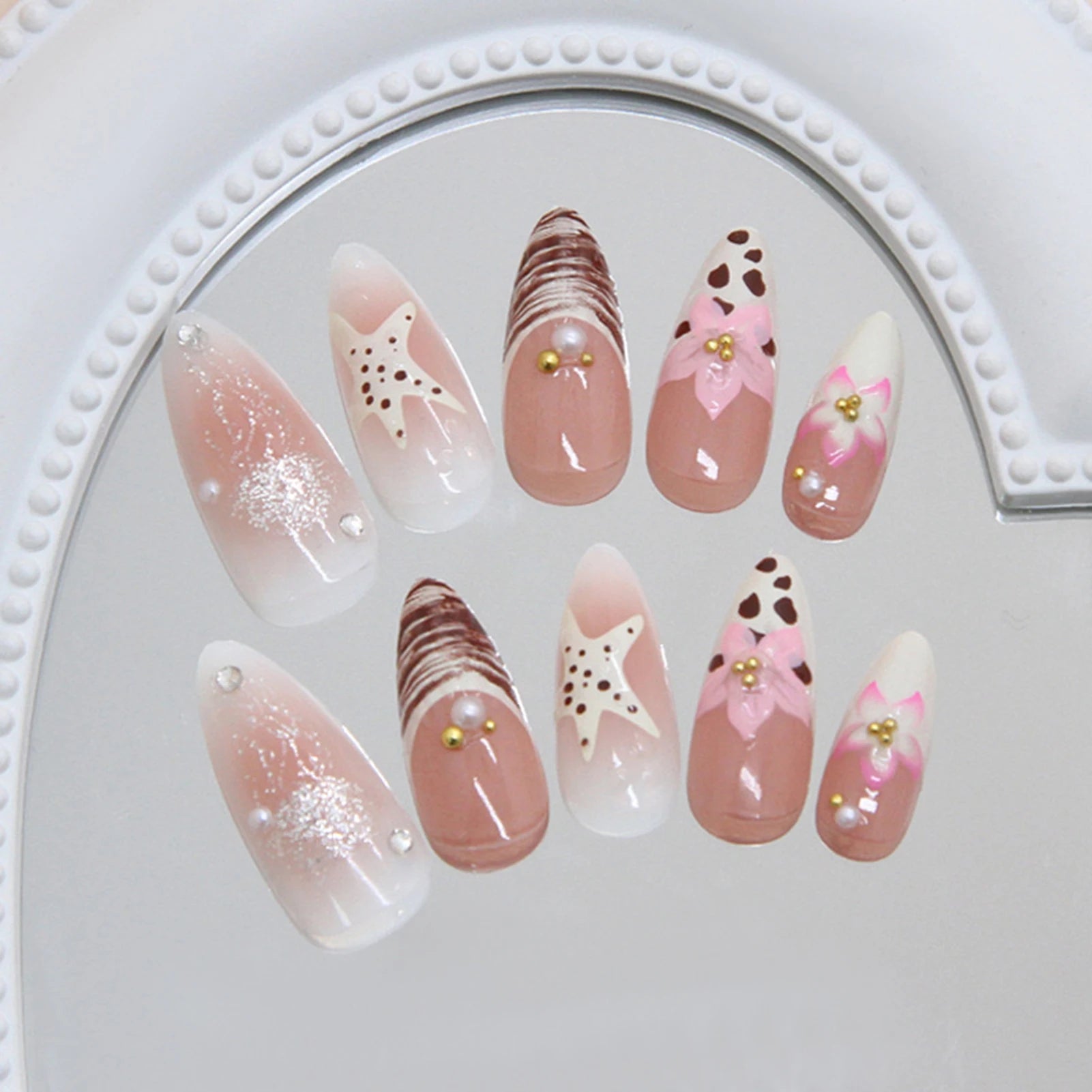 Blush Pink Almond Fake Nails 24Pcs Y2K Girls French Press On Nails Flower/Starfish Printed Full Cover Acrylic False Nails