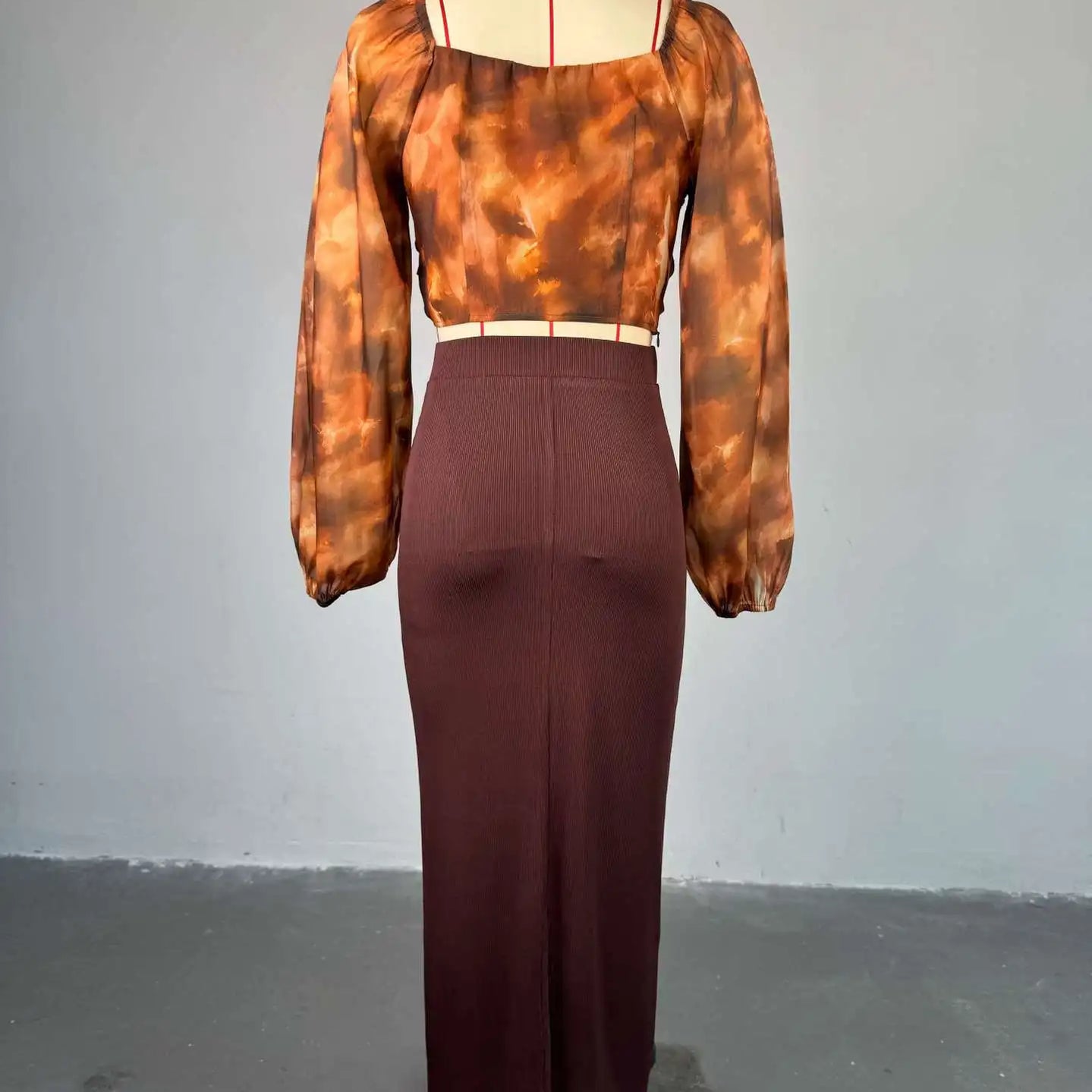 Fashion Elegant Mesh Printed Women Set Street Tops + High Waist Long Skirts Suits Party Birthday Two 2 Piece Sets Dress