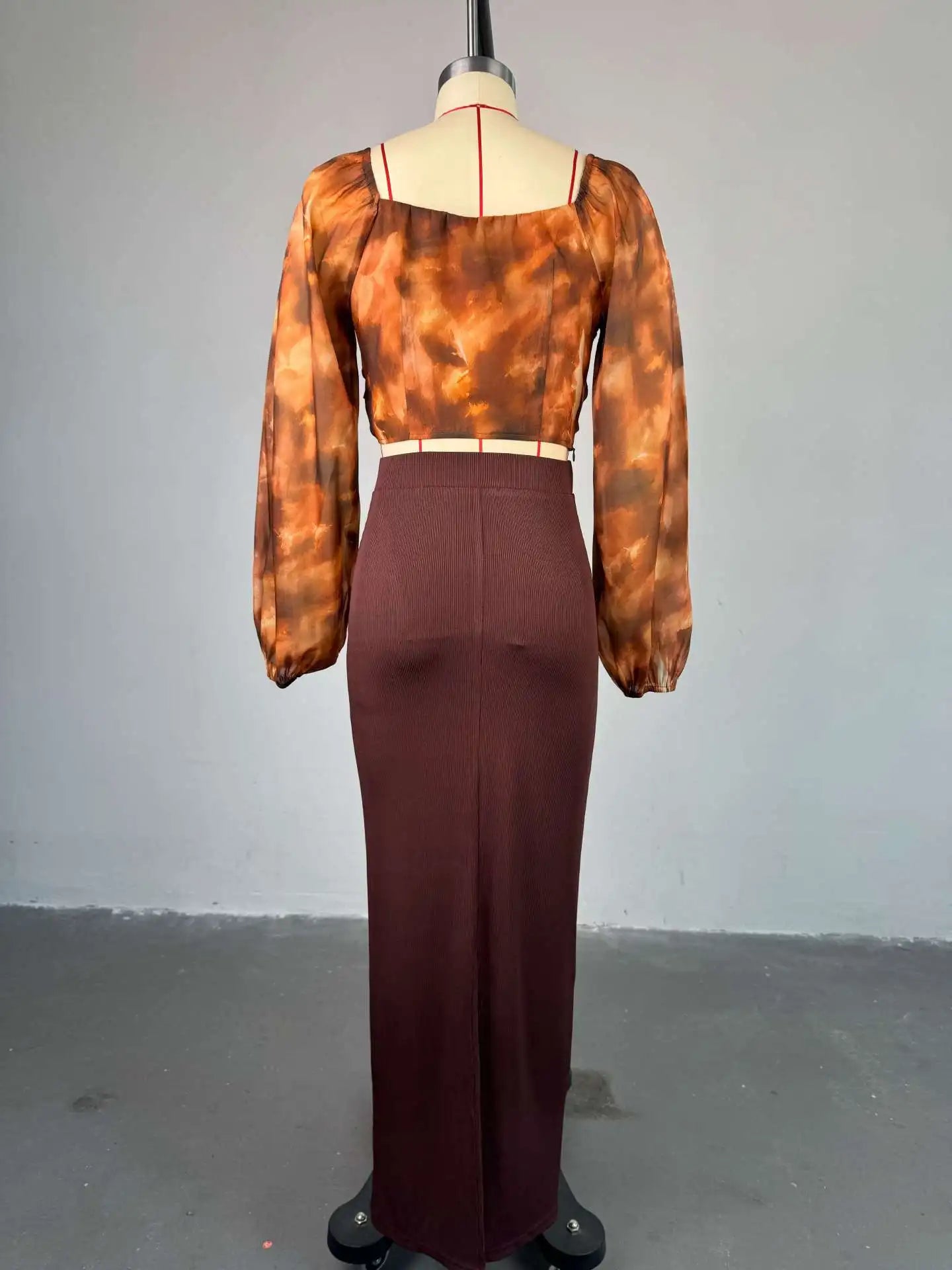 Fashion Elegant Mesh Printed Women Set Street Tops + High Waist Long Skirts Suits Party Birthday Two 2 Piece Sets Dress