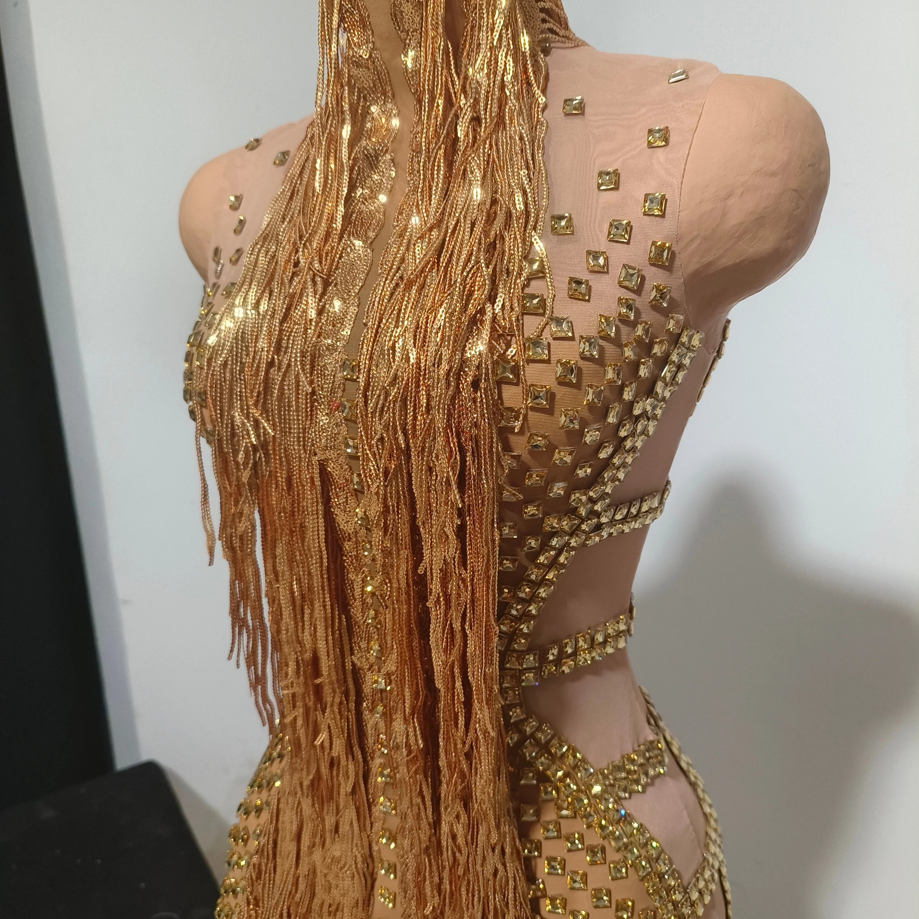 Opulent Gold Halter Neck Mini Dress Women Sexy Crystal Embellished Fringe Trim Form-Fitting Outfit Formal Event Party Costume