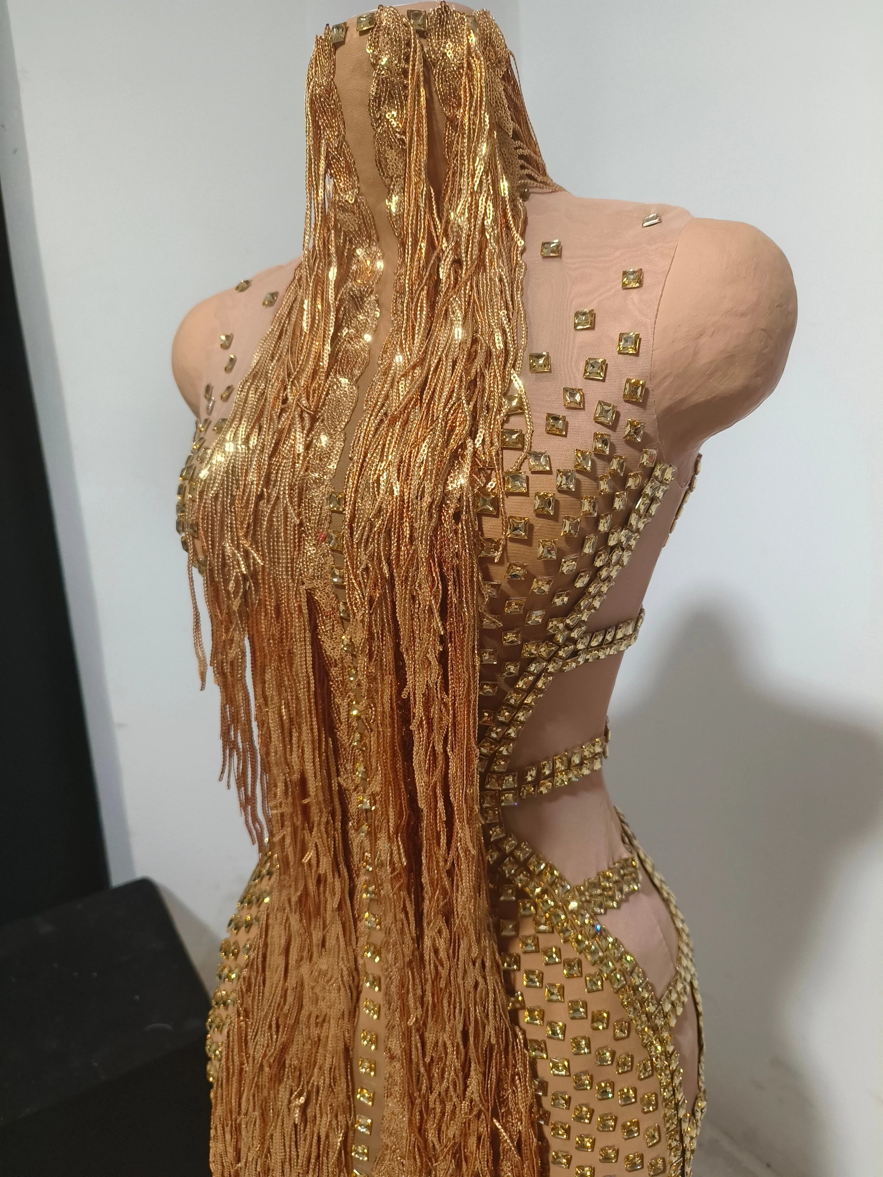 Opulent Gold Halter Neck Mini Dress Women Sexy Crystal Embellished Fringe Trim Form-Fitting Outfit Formal Event Party Costume