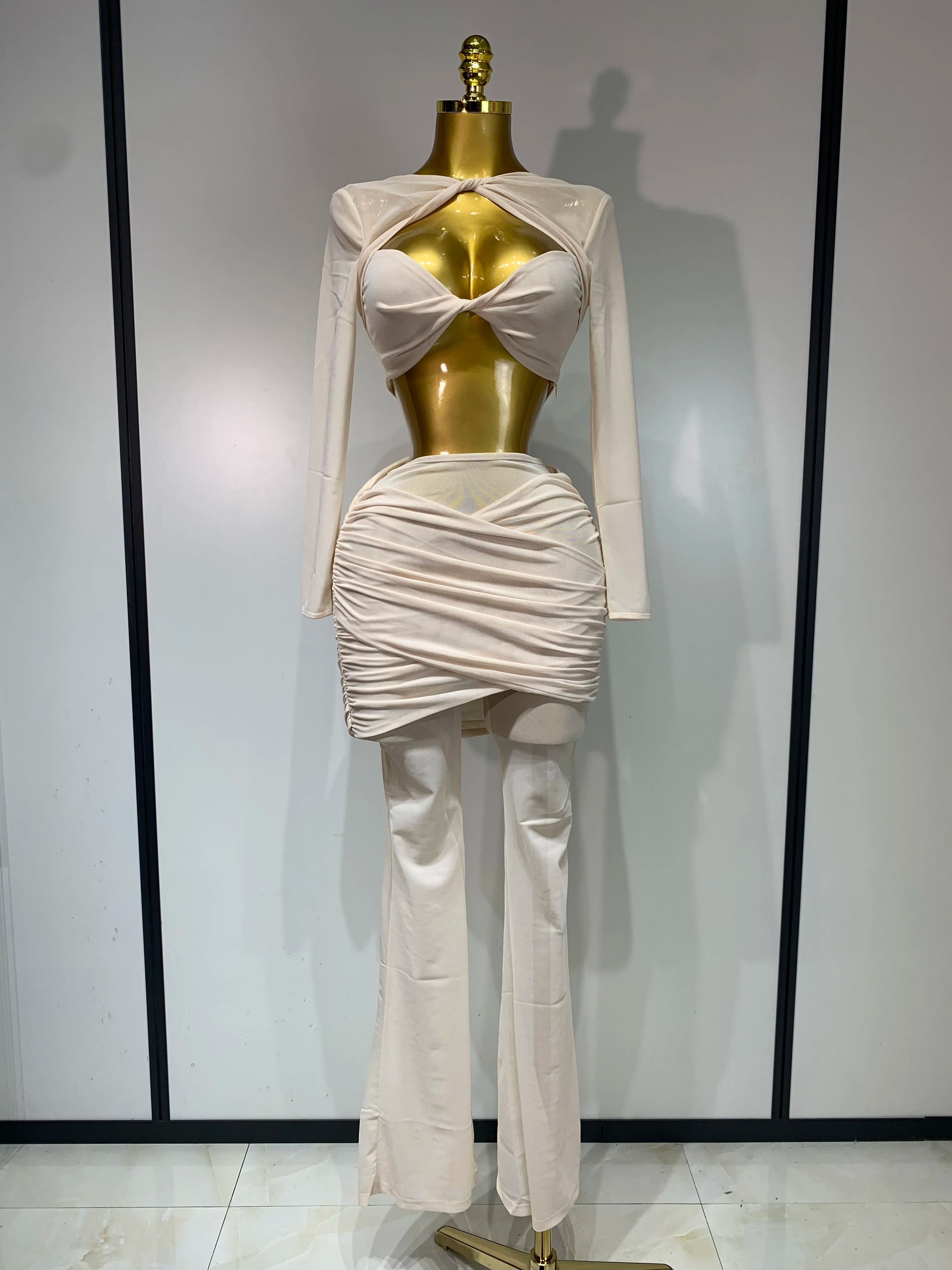 Women Sexy Mesh See Through Long sleeves Pant Sets Elegant Fashion Street Two Piece Set Club Birthday Evening Party Outfit APRICOT