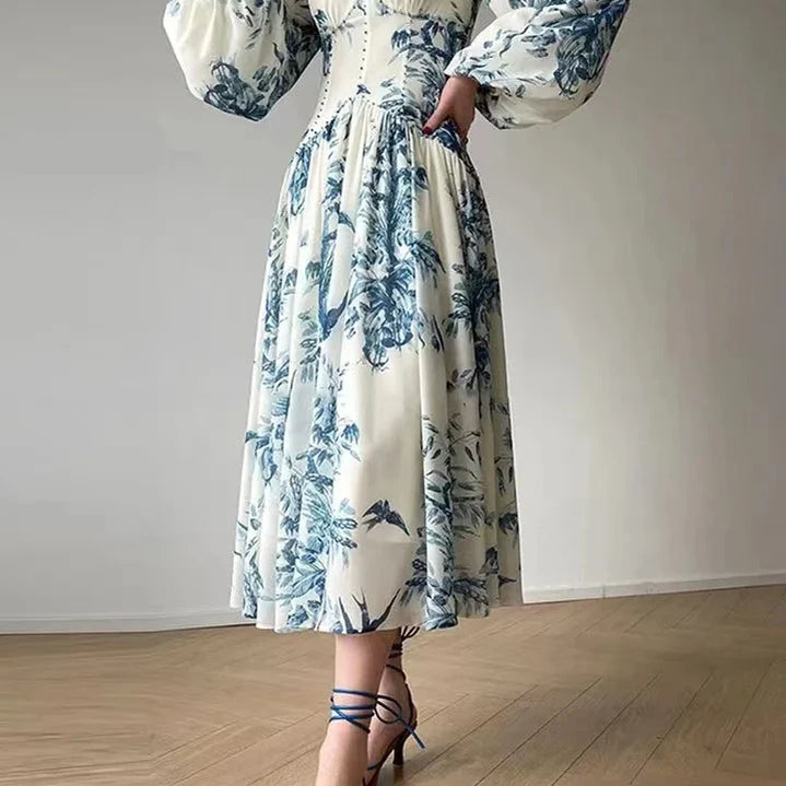 Fashion Designer Floral Beading High Waist A Line Party Women Vintage Elegant Lantern Sleeve Chic Casual Beach Holiday Dresses