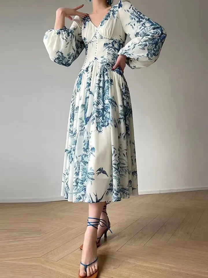 Fashion Designer Floral Beading High Waist A Line Party Women Vintage Elegant Lantern Sleeve Chic Casual Beach Holiday Dresses