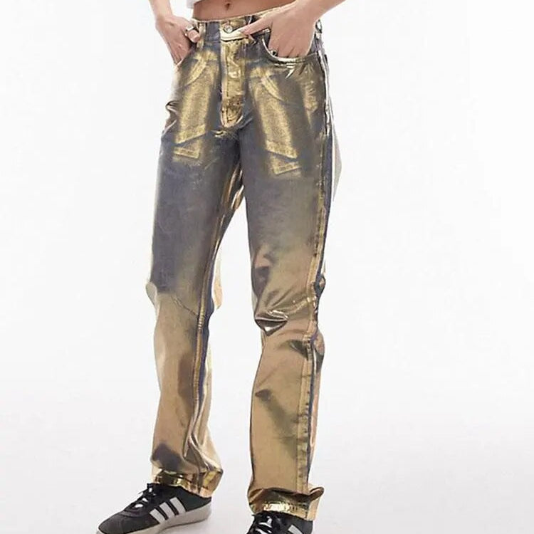 ZHYMIHRET Gold Stamping Straight Jeans For Women 2024 Autumn Winter Metallic Denim High Waist Pants Streetwear Y2K Clothing