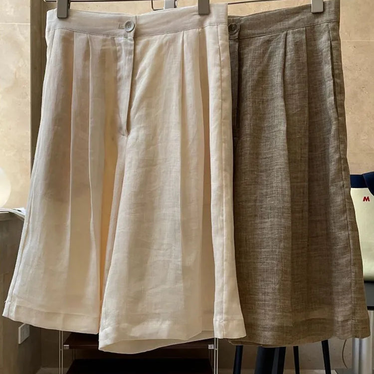 HanOrange Summer Lazy Linen Casual Knee Length Pants Women Loose Thin Anti-transparent A-line Profile Five Cents Trousers